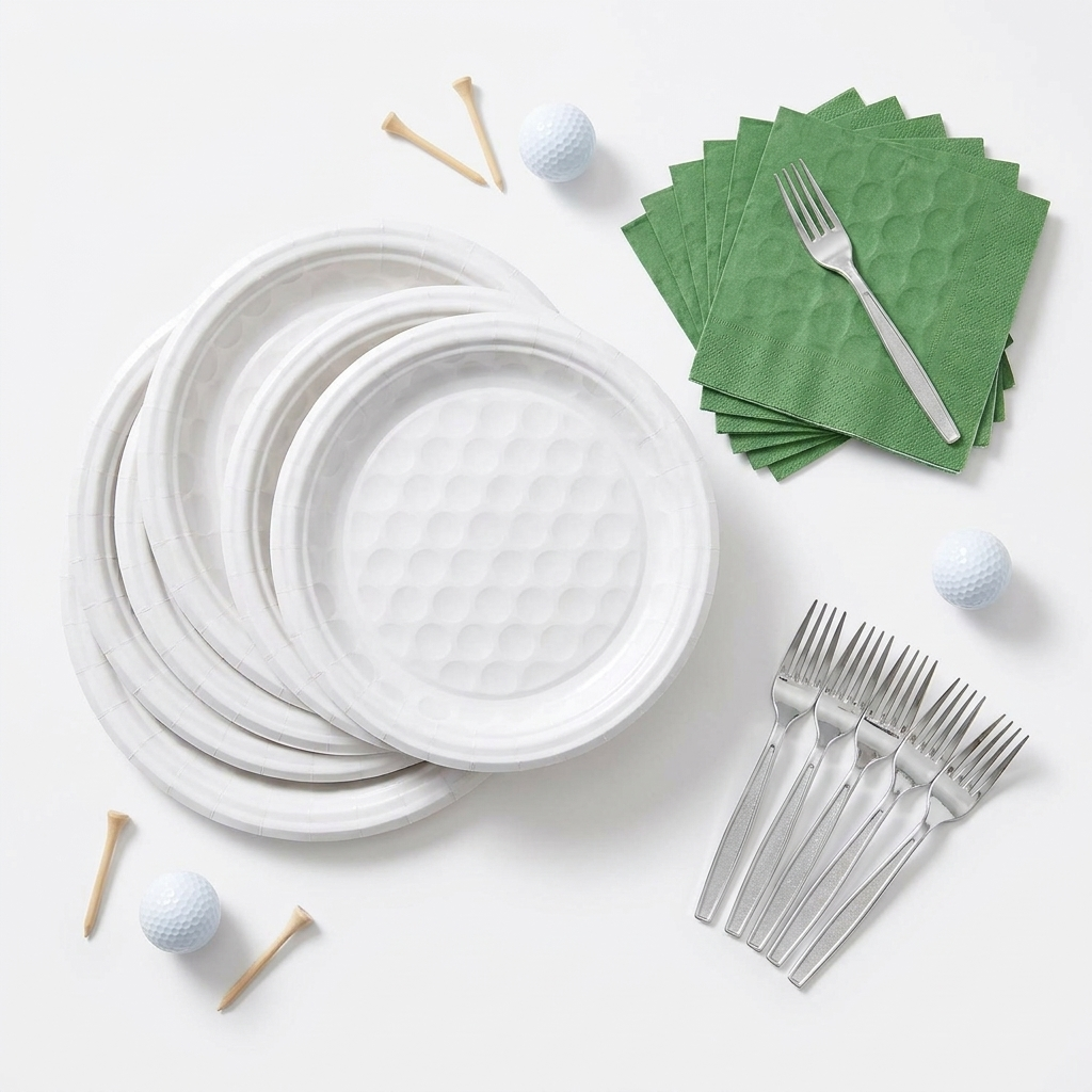 Overhead flat-lay of full golf-themed party tableware set — 24 plates, 24 napkins, 24 forks fanned out with golf ball and tee props