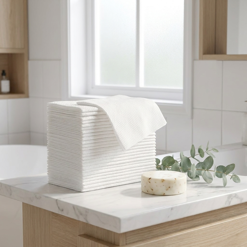 Soft white disposable cotton face towels stacked on marble counter with eucalyptus and soap