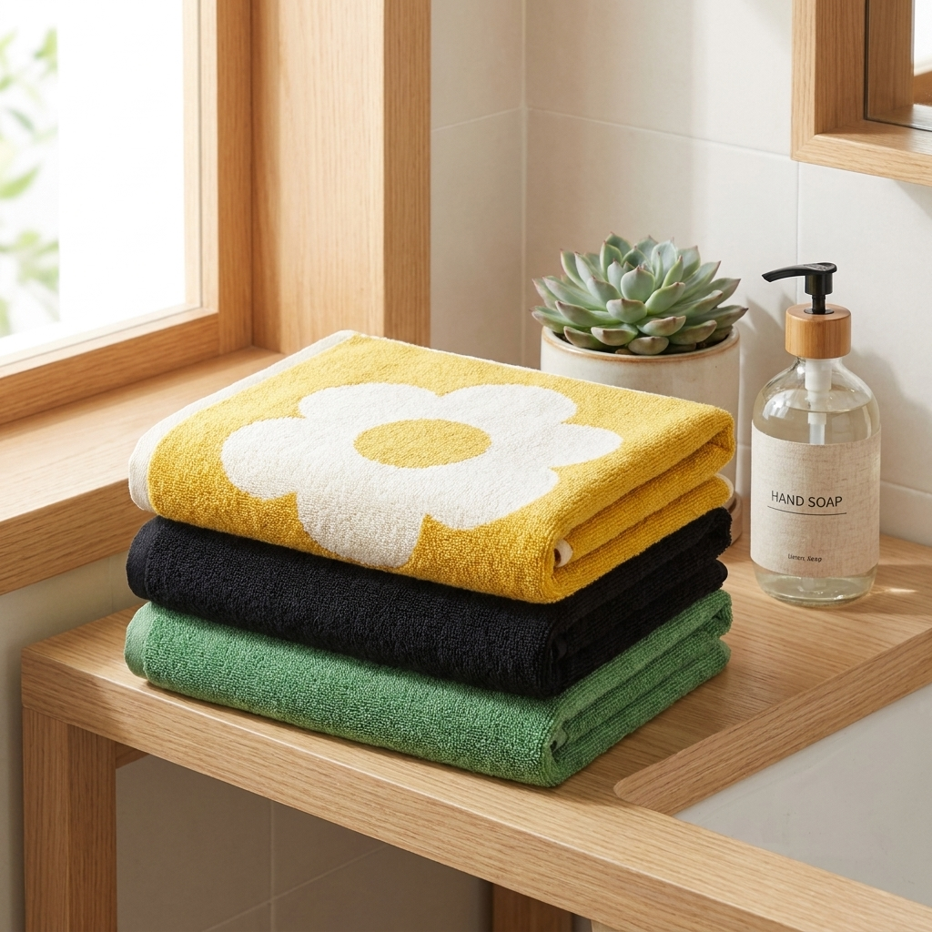 Yellow, black and green cotton face towels folded on wood shelf with succulent and soap pump
