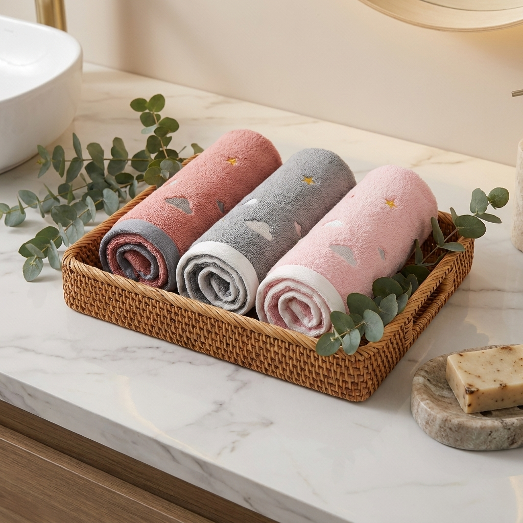 Three cotton hand towels in pink-gray, gray-white and pink-white rolled in wicker tray on marble vanity with eucalyptus