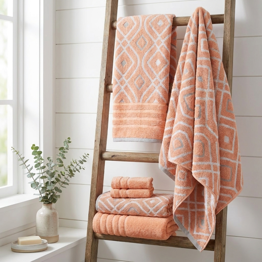 6-piece coral stripe jacquard cotton towel set displayed on wooden ladder shelf in spa bathroom with eucalyptus