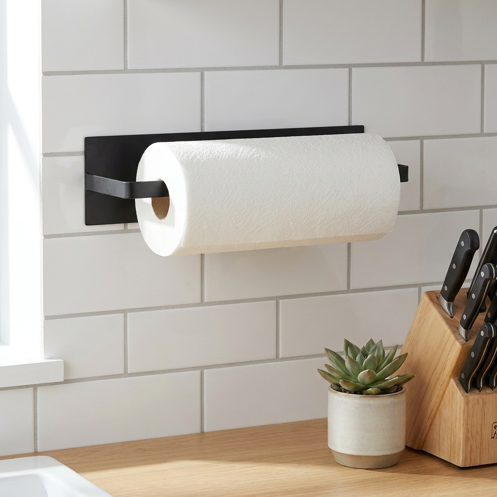 Iron Magic Kitchen Towel Holder mounted on white subway tile backsplash in a modern kitchen