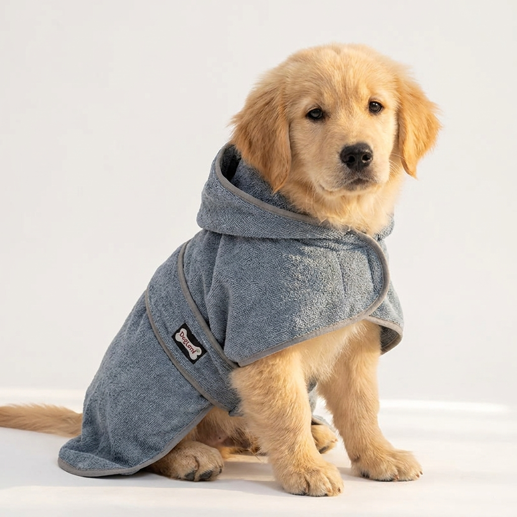 Cute dog wearing a grey absorbent terry cloth pet drying robe after bath