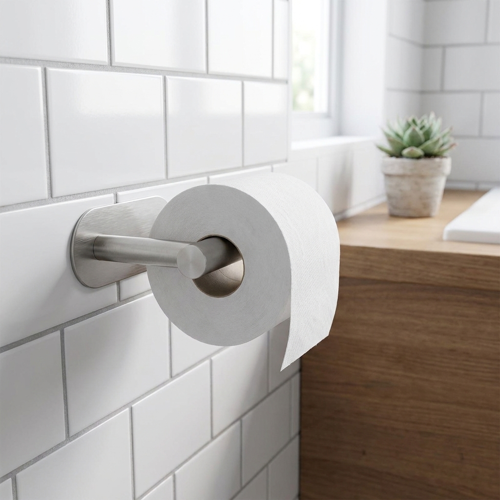 Brushed stainless steel self-adhesive toilet paper holder mounted on white bathroom tile wall with small plant