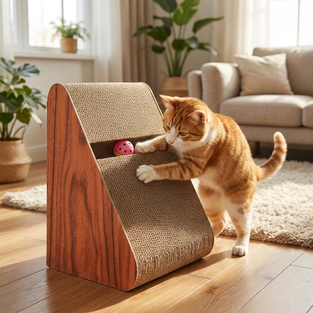 Cat actively scratching and playing with a triangle corrugated cardboard scratcher toy