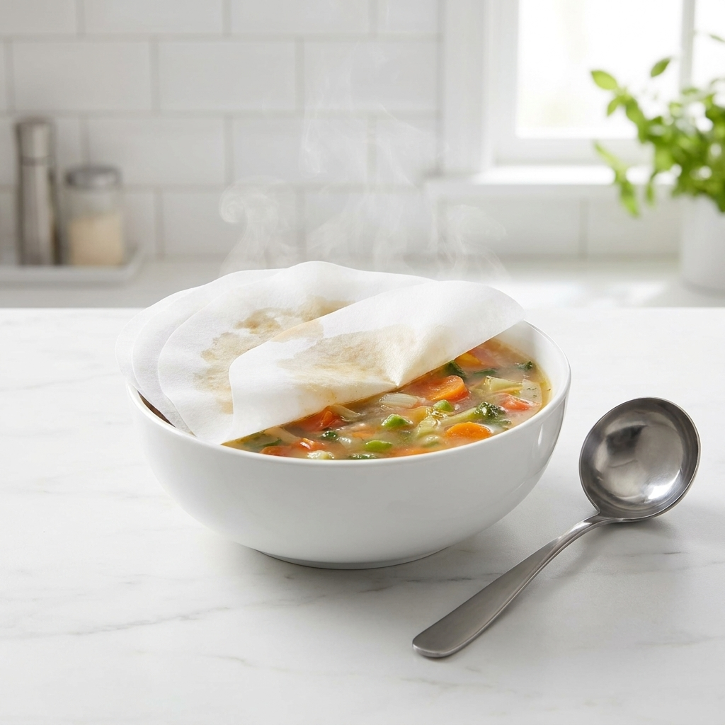 Kitchen oil-control soup papers beside a steaming bowl of broth on a marble countertop