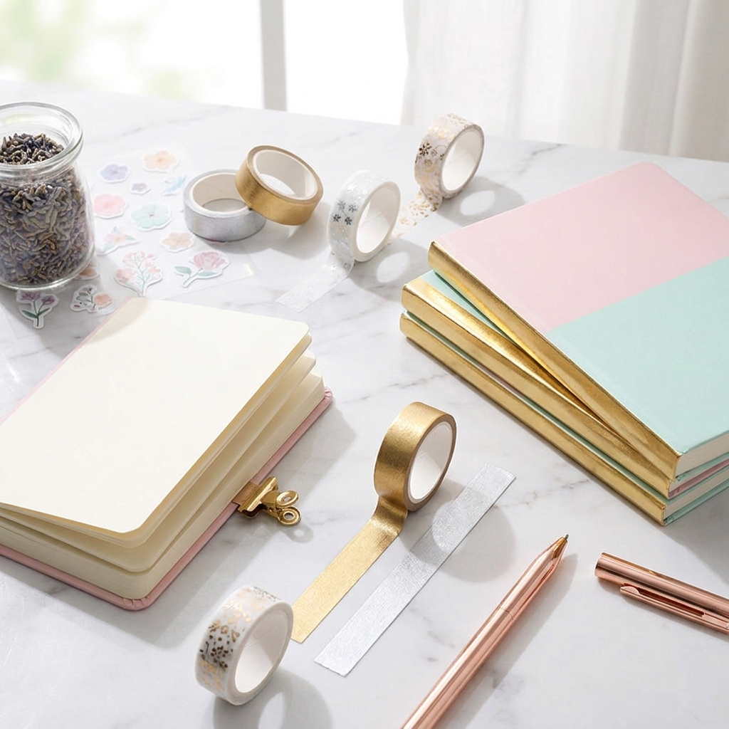 Washi tape rolls and pocket notebook stationery set styled on white marble desk flat-lay