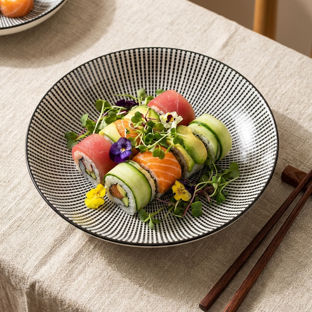 7-Inch Eastern Chic Ceramic Plate with blue stripe pattern plated with sushi on a styled linen table