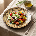 Moroccan mandala artisan porcelain dinner plate with geometric starburst pattern, plated with a Mediterranean salad on a styled table