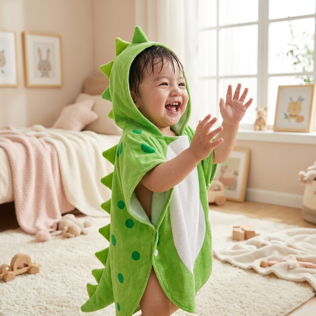 Happy toddler wearing green DinoSplash dinosaur hooded bath towel, laughing after bathtime