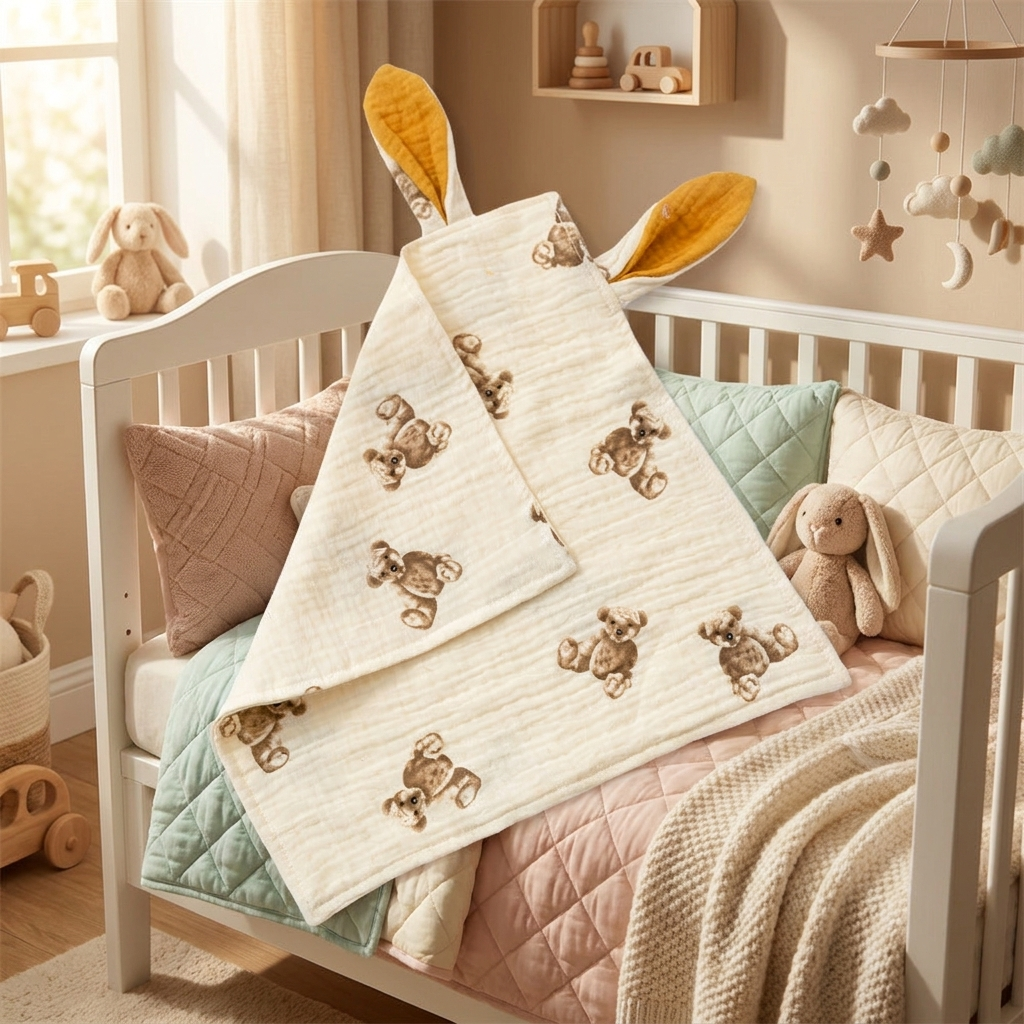 Soft white rabbit ears baby comforter lovey styled in cozy nursery on white crib with pastel bedding