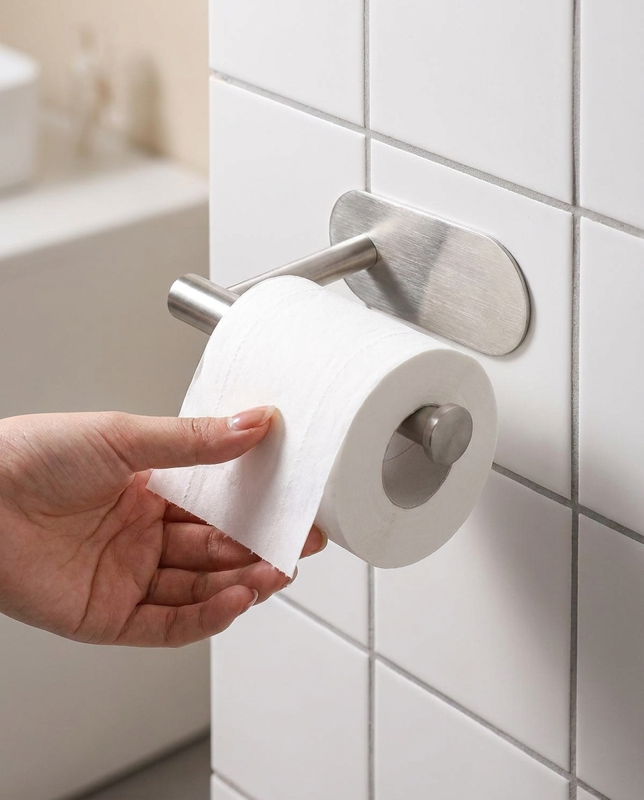 Hand reaching for toilet paper on brushed stainless steel self-adhesive holder in modern minimal bathroom