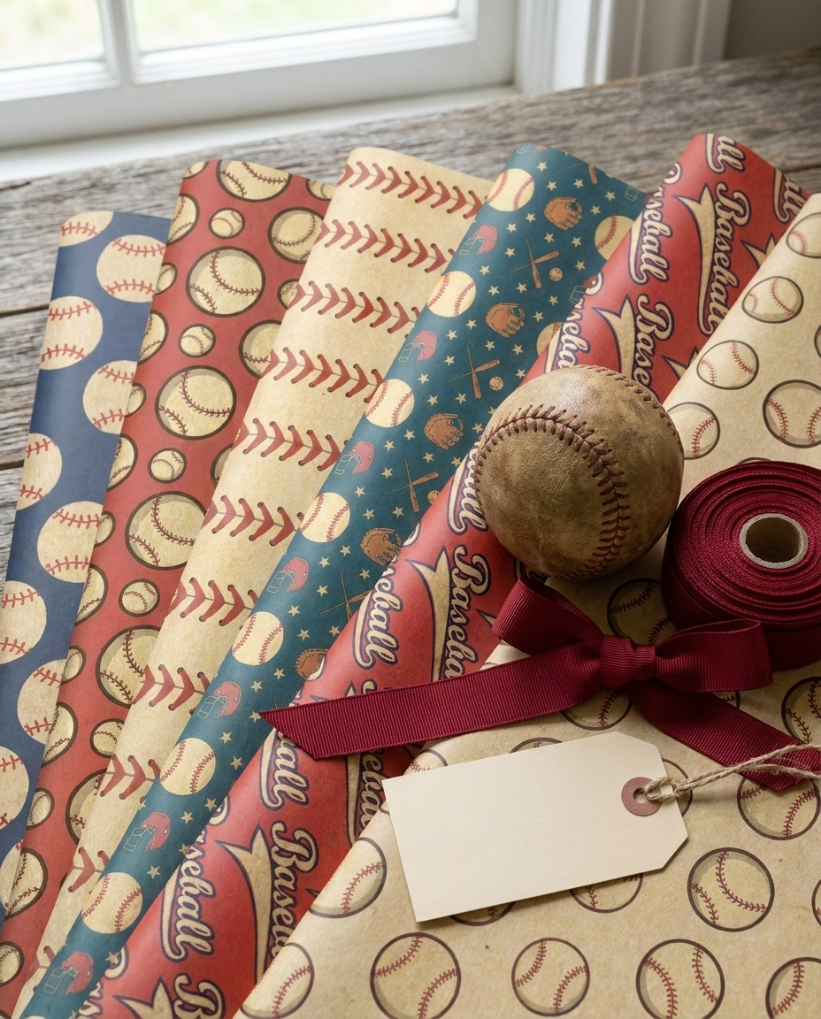Close-up of baseball wrapping paper sheets fanned showing all 6 vintage designs in red and blue with a baseball and ribbon props