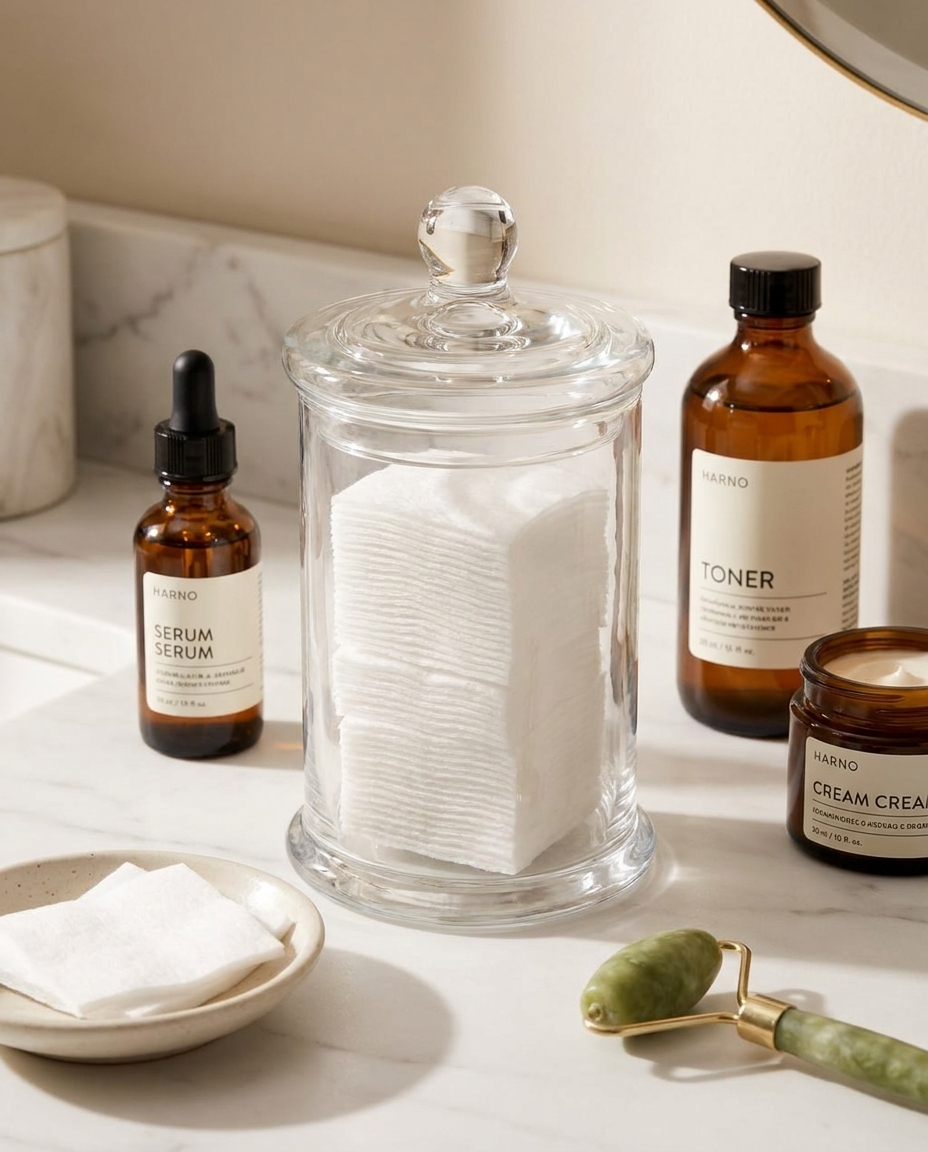 Cotton makeup remover pads in glass jar with skincare bottles on marble vanity, beauty flat-lay