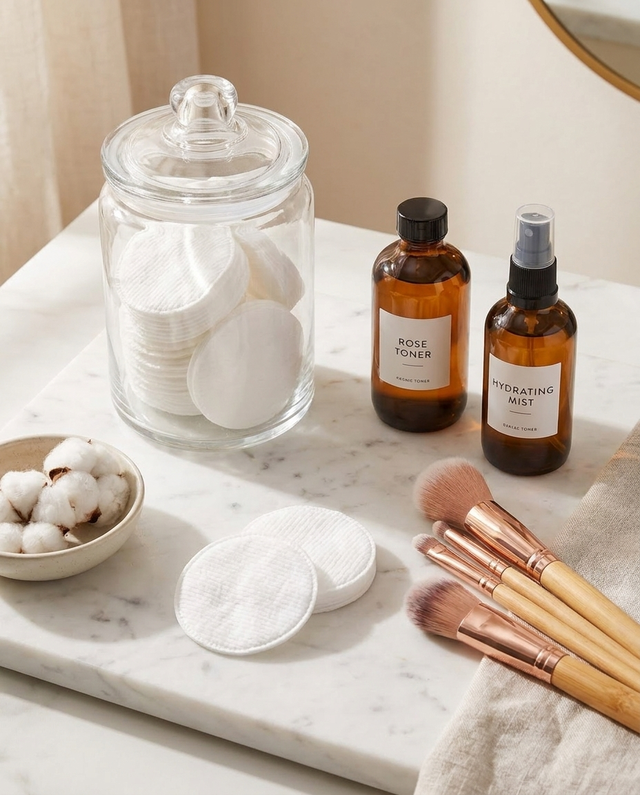 Cotton rounds in glass jar with toner and makeup brushes on marble vanity, beauty flat-lay