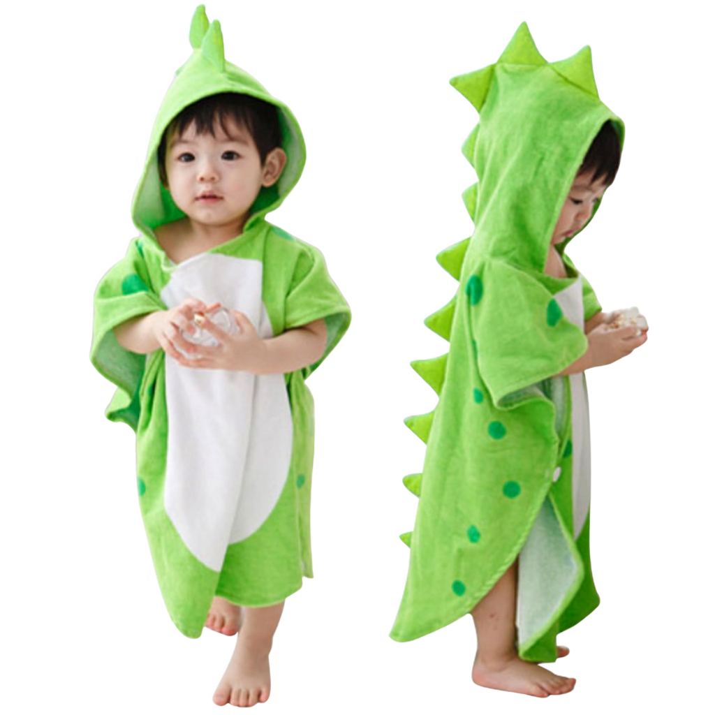 DinoSplash green dinosaur hooded cotton baby towel clean cutout on white background