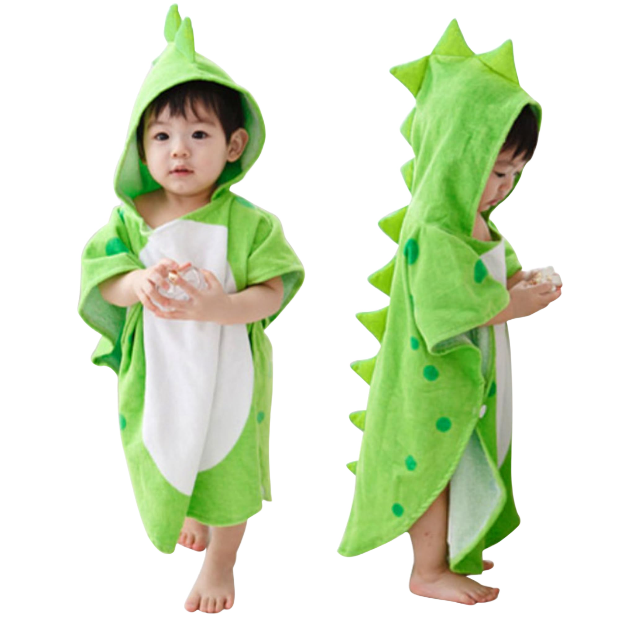 DinoSplash green dinosaur hooded cotton baby towel clean cutout on white background