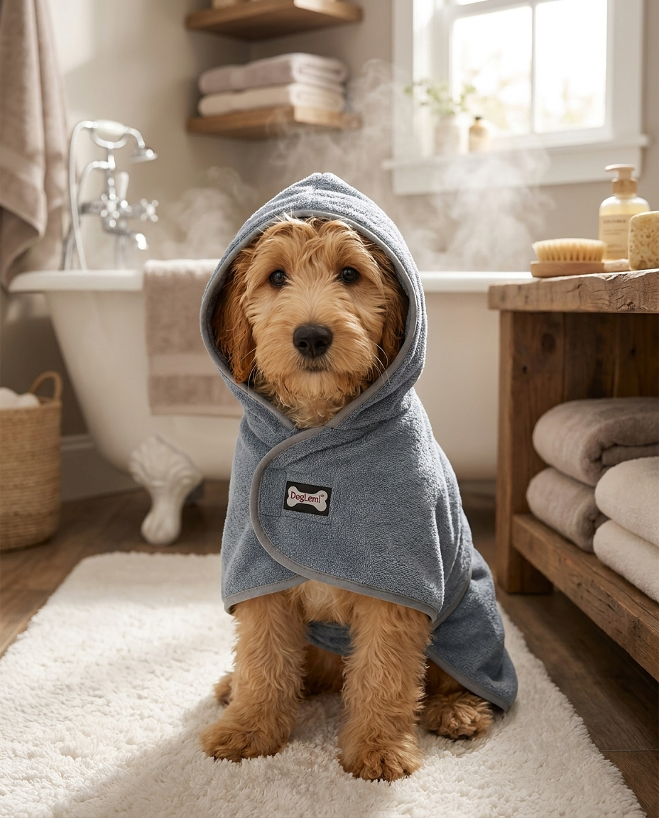 Fluffy dog wrapped in grey pet bathrobe in cozy bathroom setting, lifestyle shot