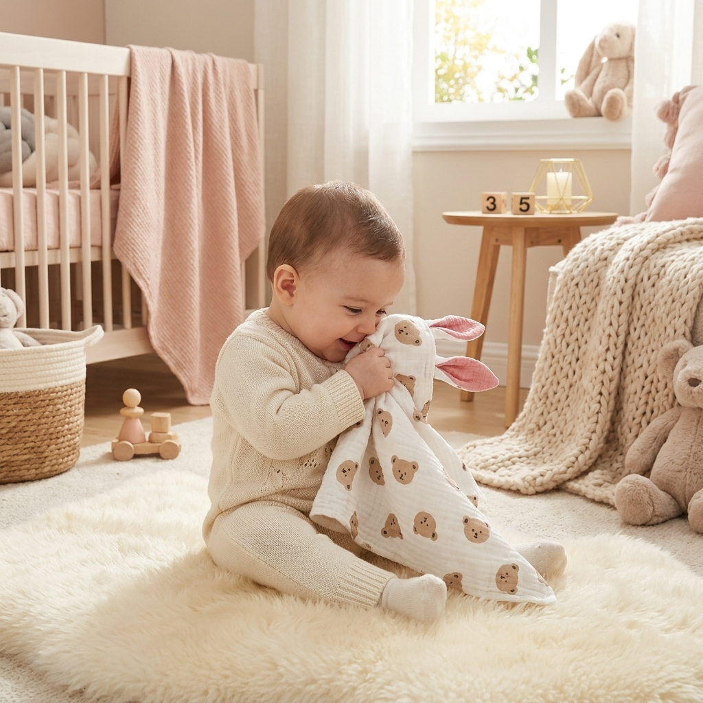 Baby cuddling soft rabbit ears comforter lovey in cozy nursery
