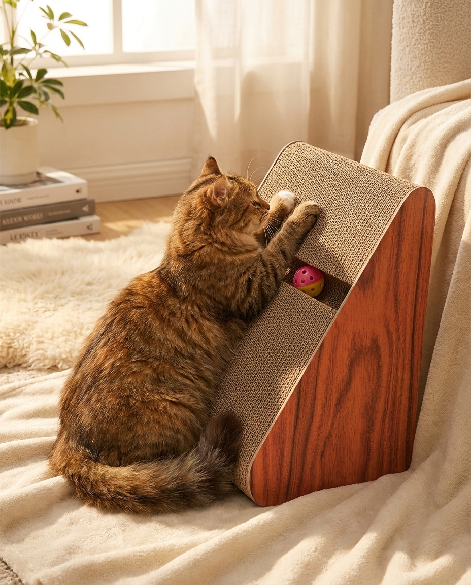 Cat relaxing on triangle corrugated cardboard cat scratcher, lifestyle shot