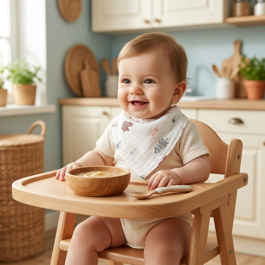 Adorable baby wearing cotton triangle bear bib in high chair at mealtime