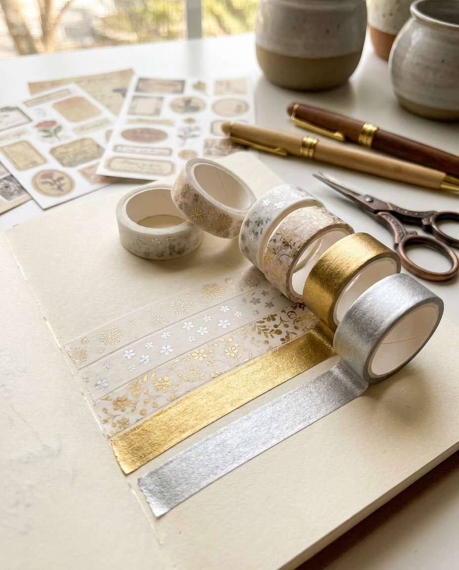 Close-up of gold metallic washi tape rolls on journal page, creative stationery detail shot