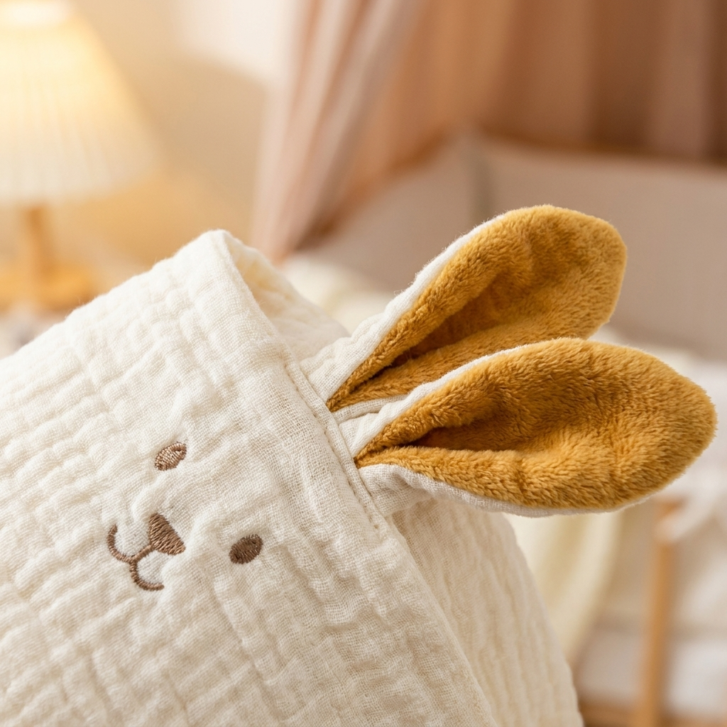 Close-up texture of rabbit ears baby comforter showing soft plush fabric and embroidered face