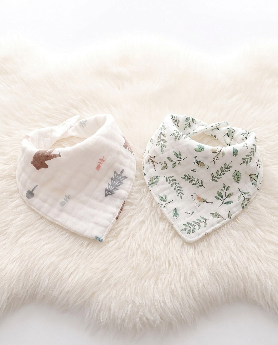 Two cotton gauze triangle baby bibs product shot showing both available designs