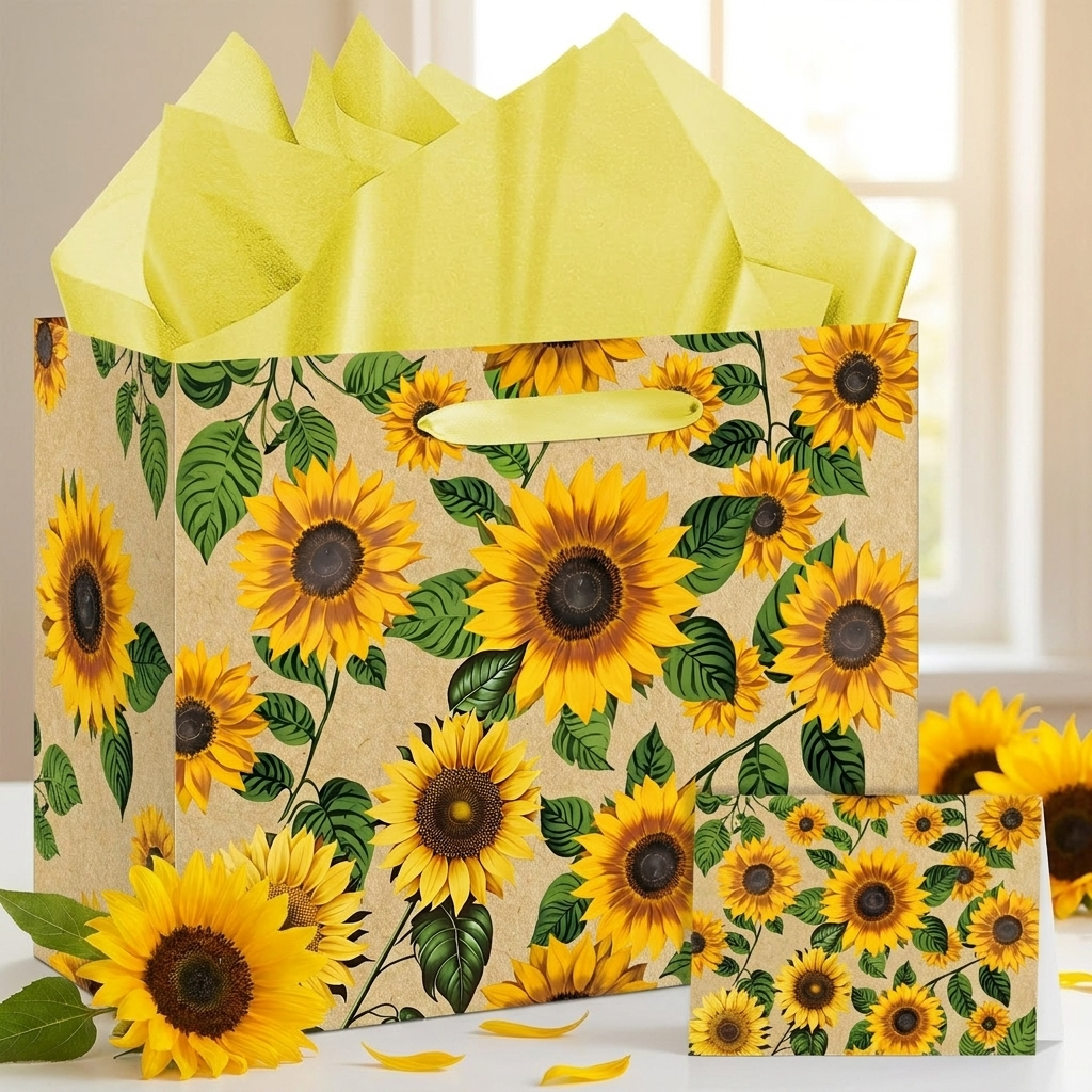 Sunflower gift set styled presentation with gift bag, tissue paper, and greeting card on white surface