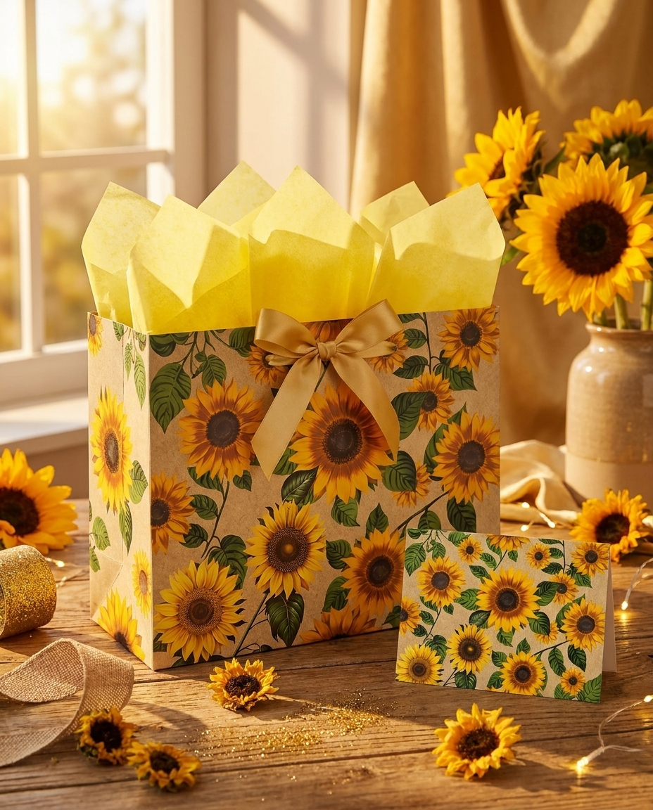 Sunflower paper gift bag with tissue paper and greeting card, warm golden yellow lifestyle shot