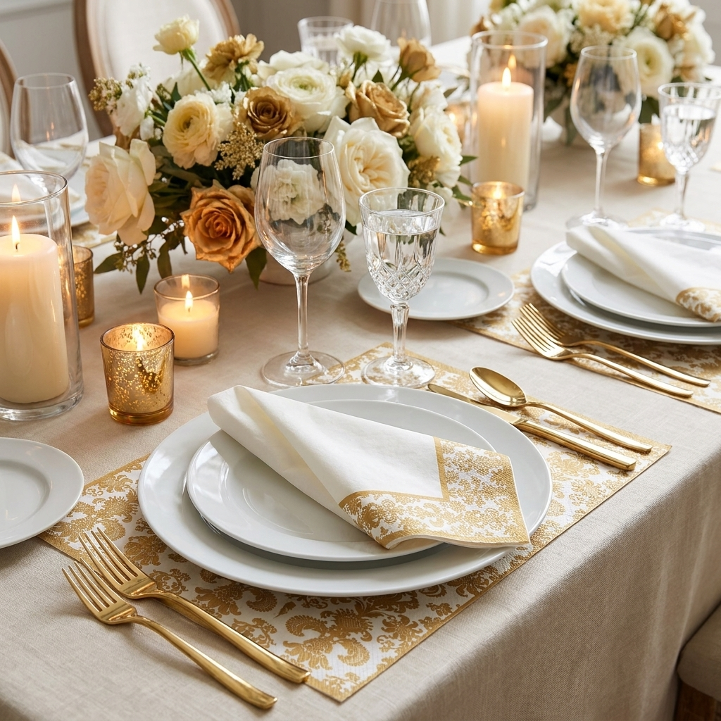Colorful gold-printed paper napkins and placemats styled in a festive table place setting with gold cutlery and floral centerpiece