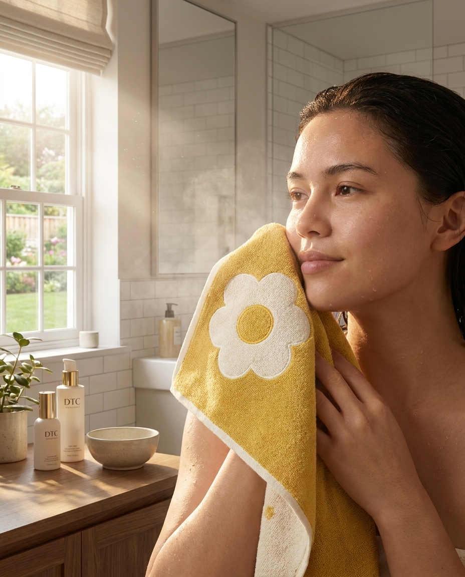 Person gently patting face dry with soft yellow embroidered cotton face towel
