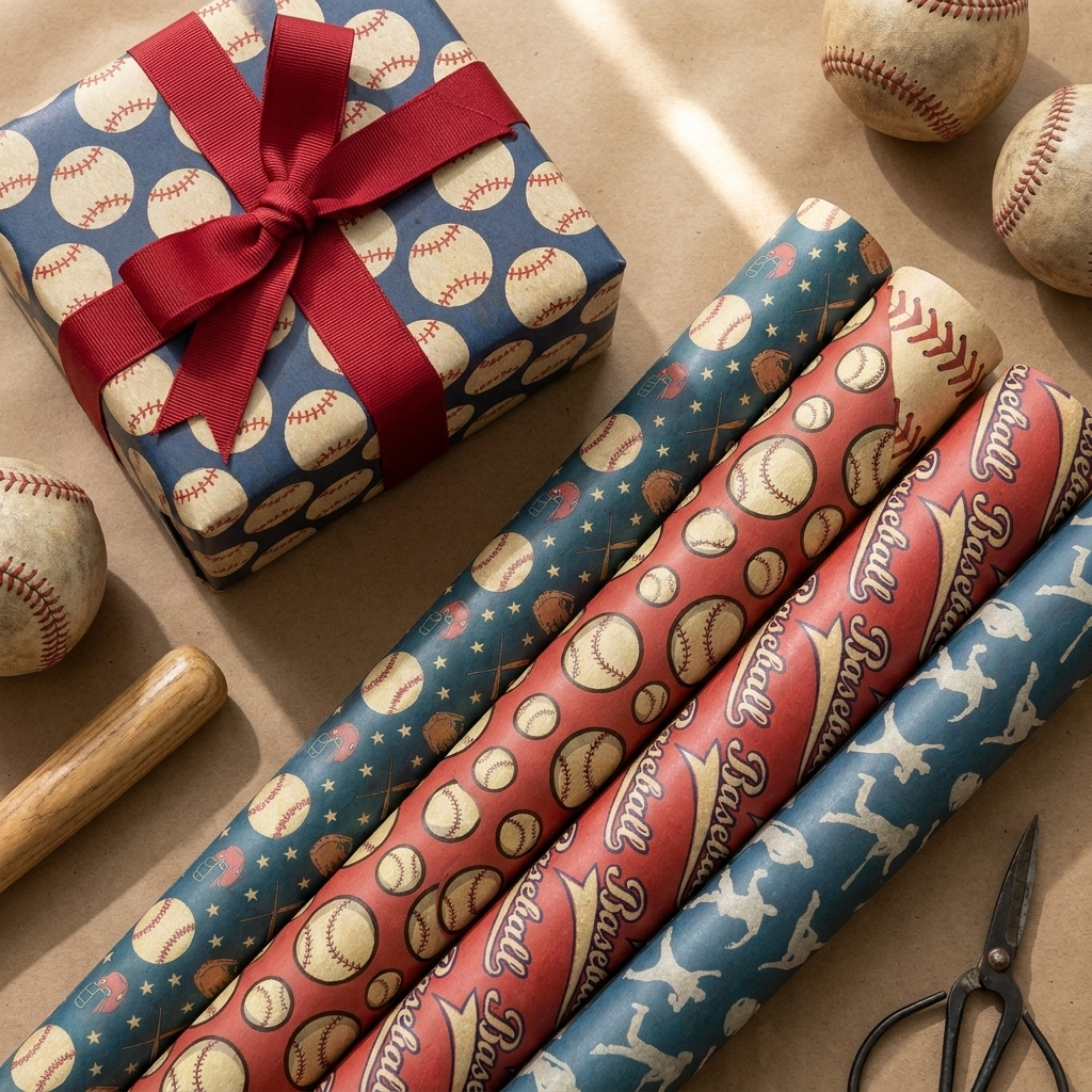 Baseball wrapping paper flat-lay styled with a wrapped gift box tied in red ribbon and sheets fanned showing vintage red and blue sport designs