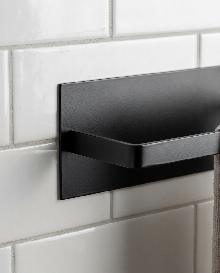 Close-up detail of iron towel holder showing sleek metallic finish and geometric design