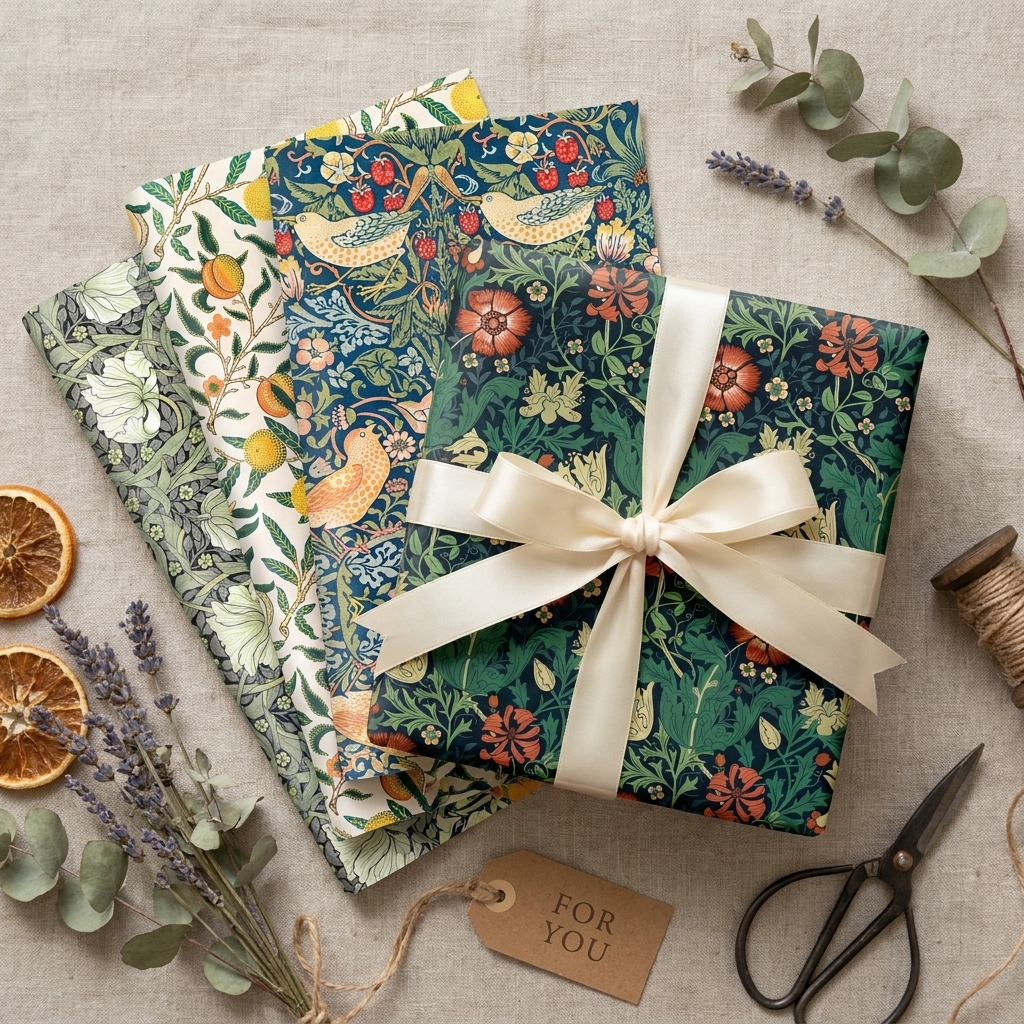 Retro floral wrapping paper styled flat-lay with a beautifully wrapped gift box, sheets fanned showing vintage botanical flower bird lemon designs
