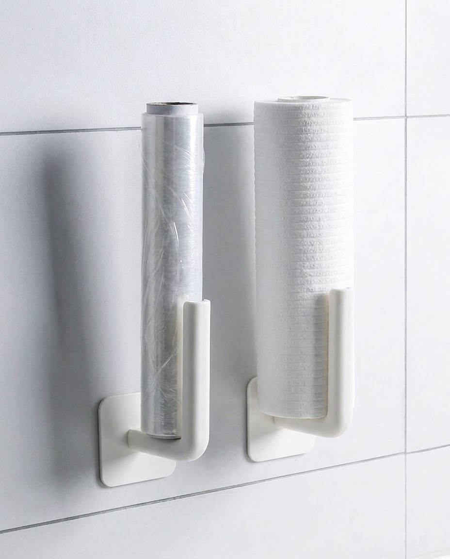 Close-up detail of wall-mount organizer storage slots with paper towel rolls