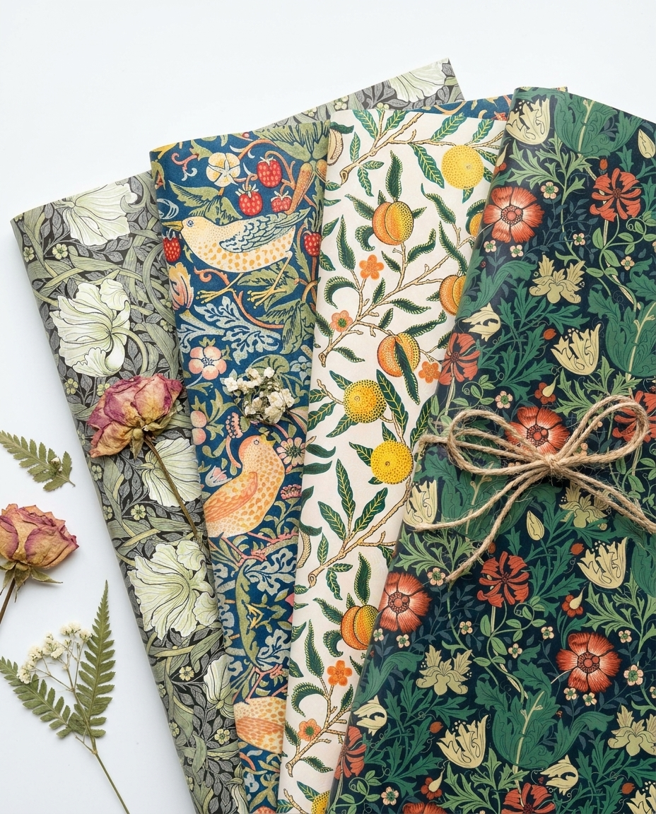 Close-up of retro floral wrapping paper sheets fanned out showing vintage flowers, birds and lemon motifs with dried botanicals
