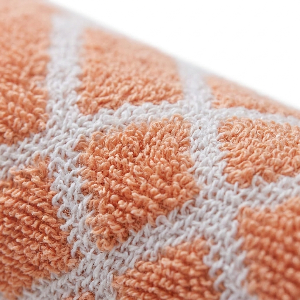 Close-up of 500GSM combed cotton oxford stripe jacquard weave texture in coral and white