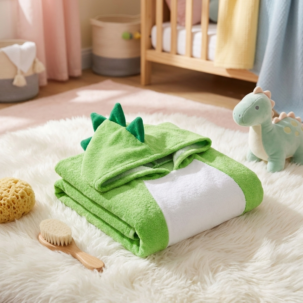 Green dinosaur hooded bath towel folded showing spike hood and soft cotton fabric