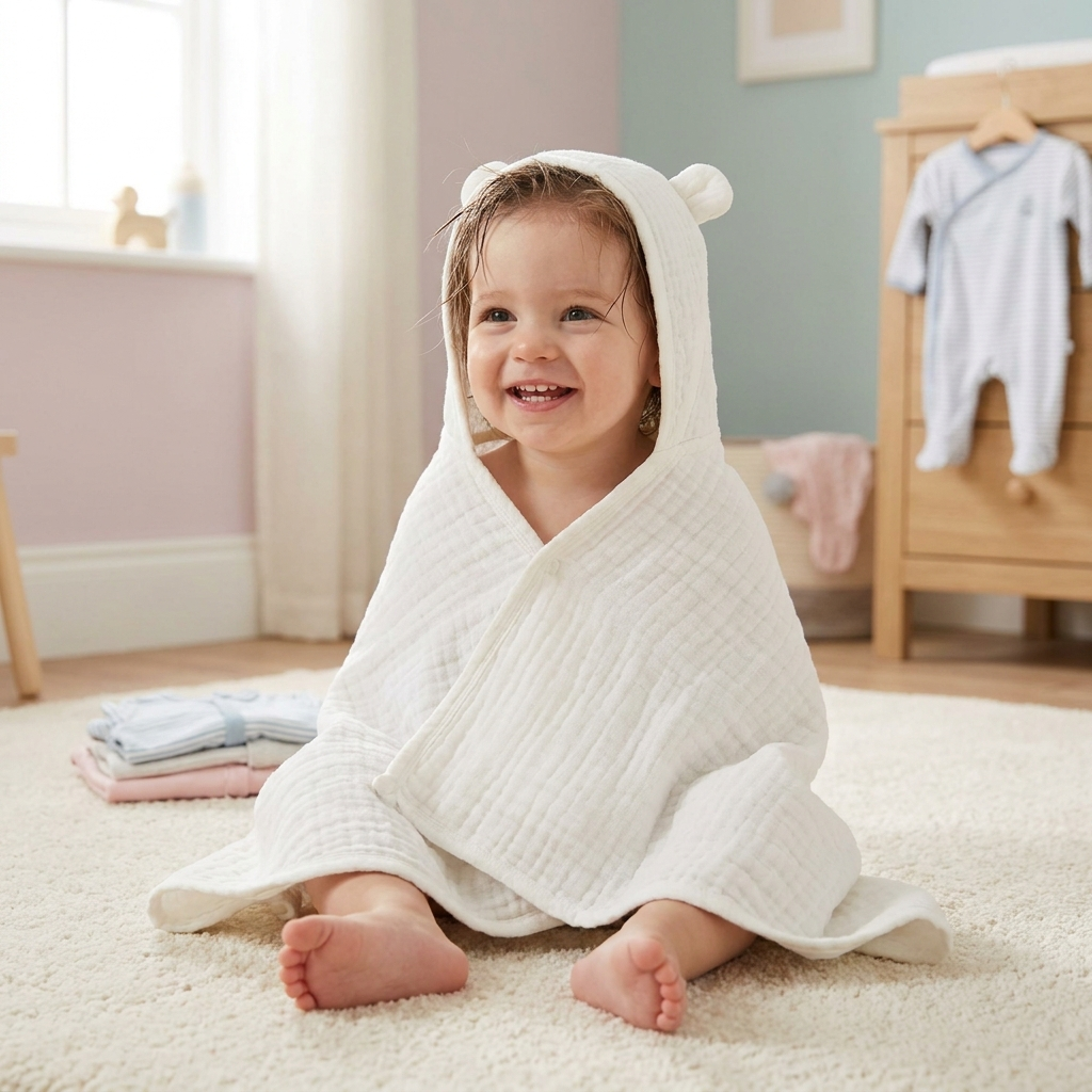 Toddler wrapped in white muslin hooded bath poncho towel after bath, smiling