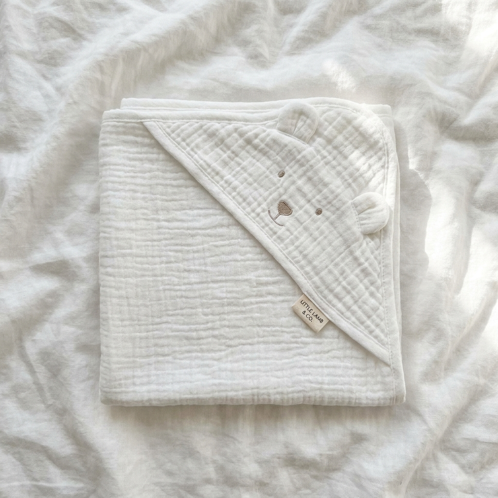 White muslin cotton hooded baby bath poncho laid flat showing natural fabric texture