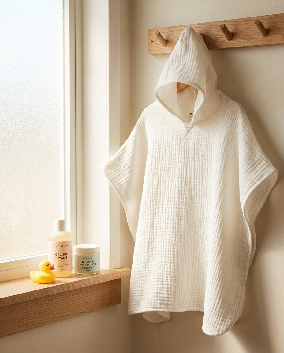 Muslin hooded baby poncho hanging on bathroom hook with bath accessories