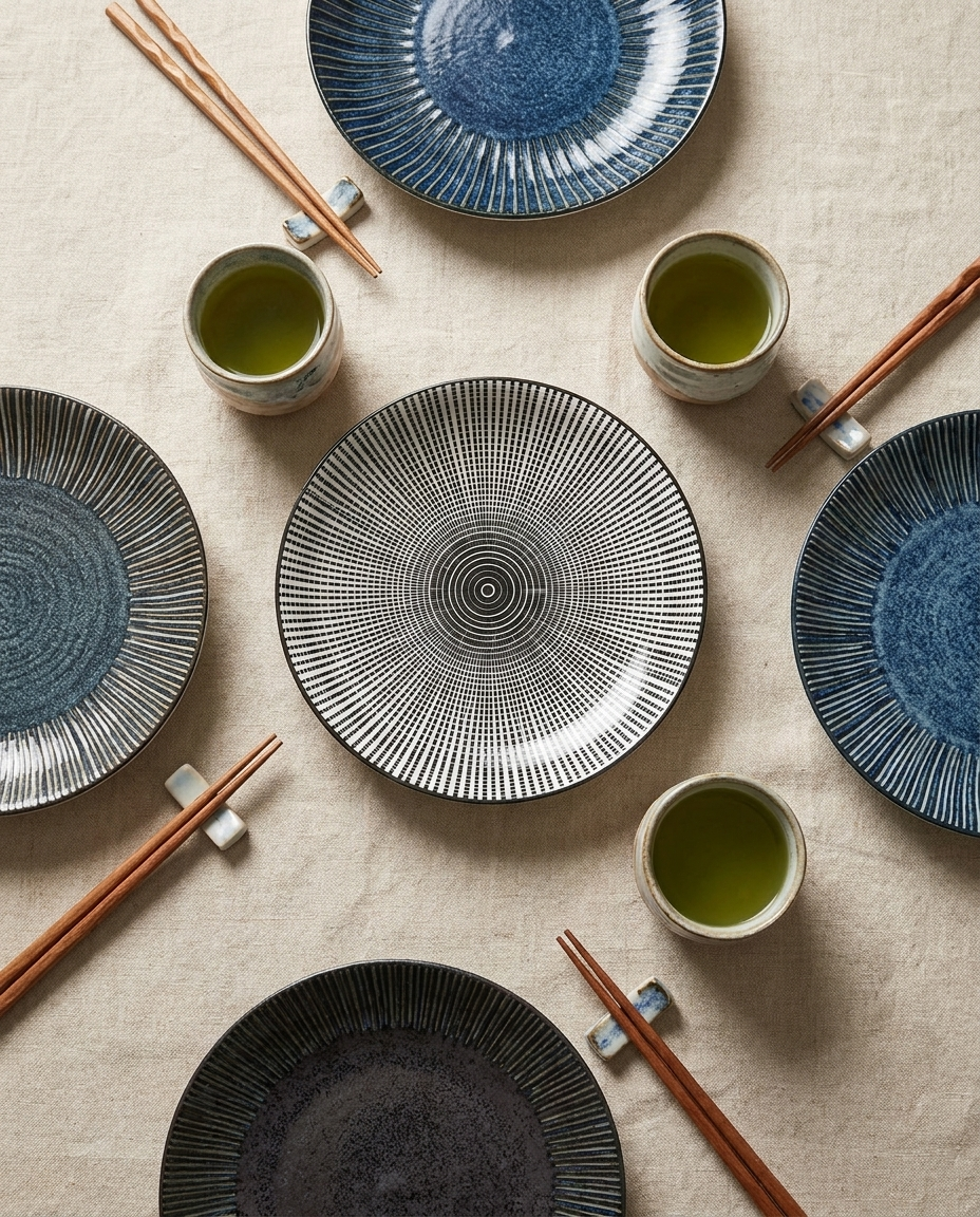 Multiple 7-inch Eastern ceramic plates with various patterns arranged in a flat-lay with chopsticks