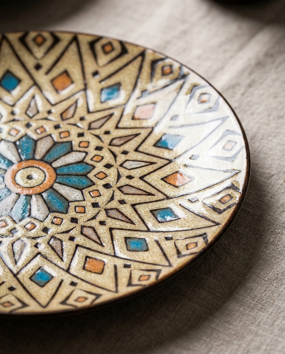 Close-up detail of the geometric Moroccan mandala pattern on the artisan porcelain plate rim