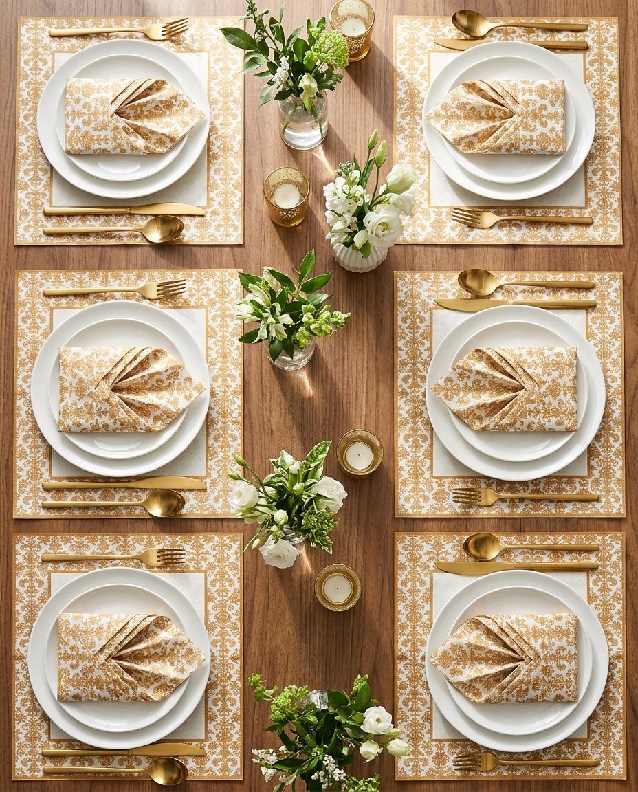 Gold-printed colorful paper napkins and placemats overhead flat-lay with white plates and gold cutlery