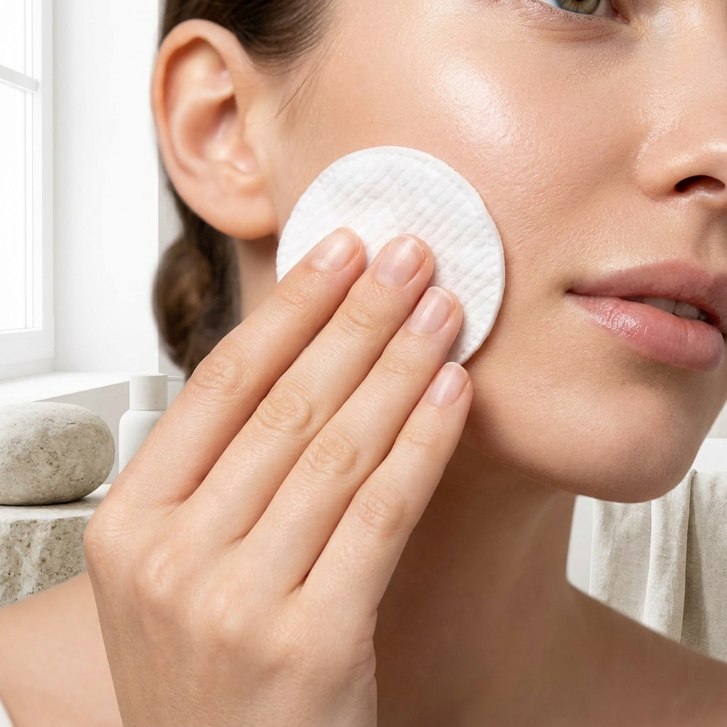 Woman applying cotton round pad to cheek in skincare routine, in-use beauty lifestyle shot