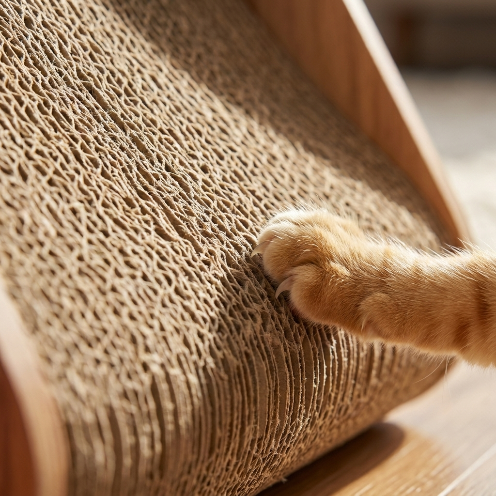 Close-up of triangle corrugated cardboard cat scratcher texture with layered edges and cat paw for scale