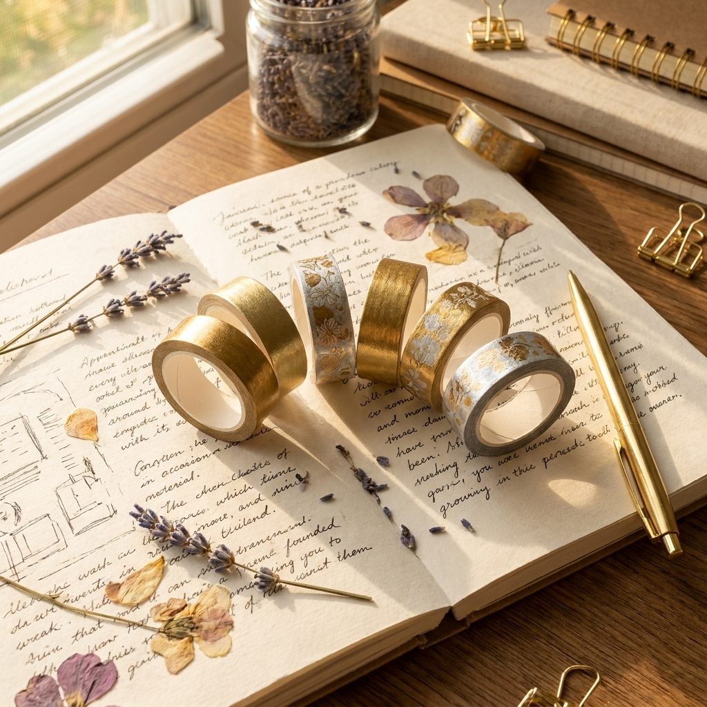 Six metallic washi tape rolls fanned on open journal page with dried flowers, journaling lifestyle flat-lay