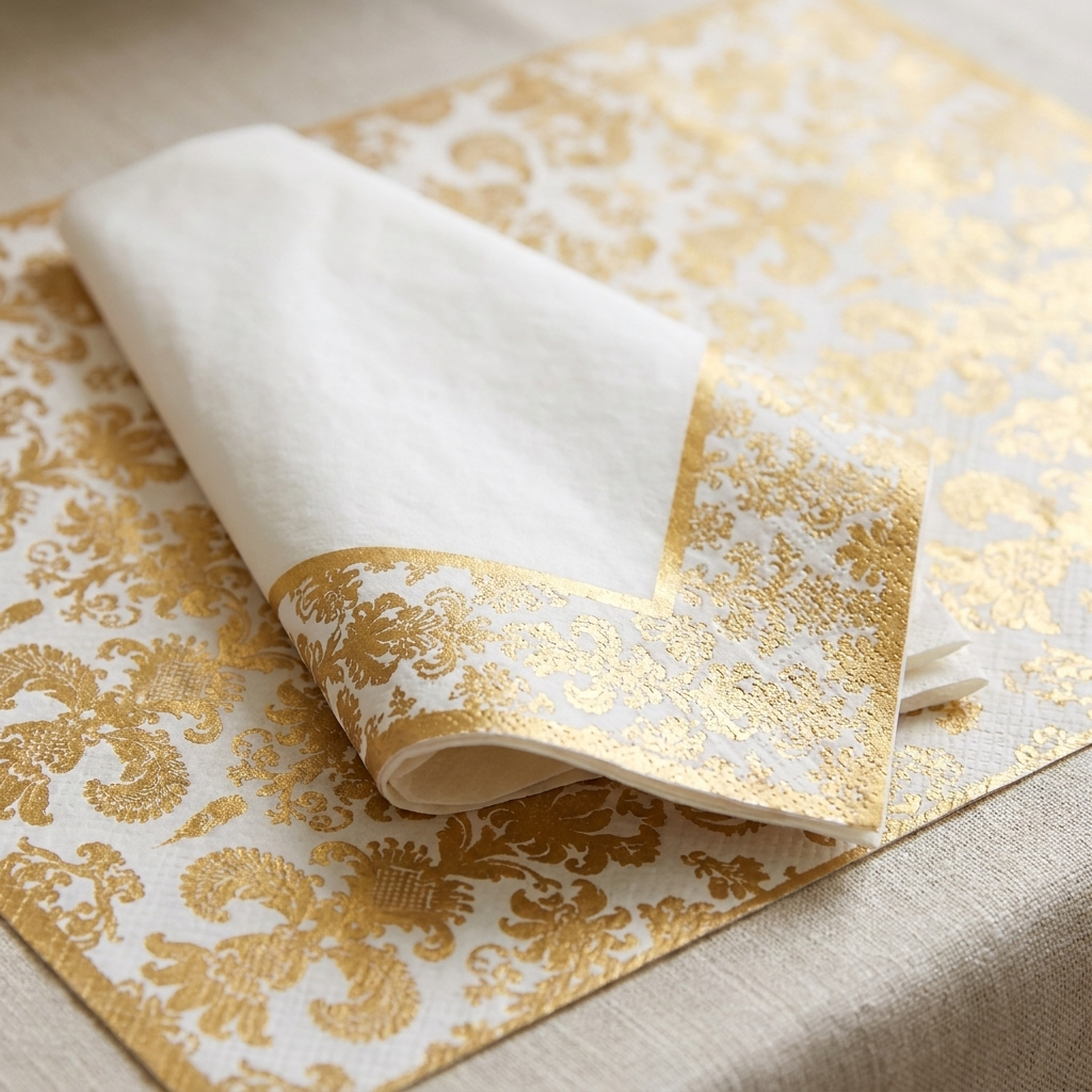 Close-up of gold-printed paper napkin on matching placemat showing vibrant metallic print detail