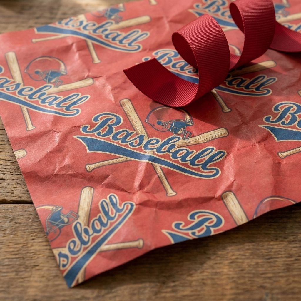 Close-up detail of vintage baseball wrapping paper design in bold red and blue with ribbon curl styling